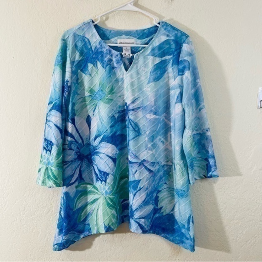 Alfred Dunner Summer Breeze Floral Watercolor Top Medium Blue/Green